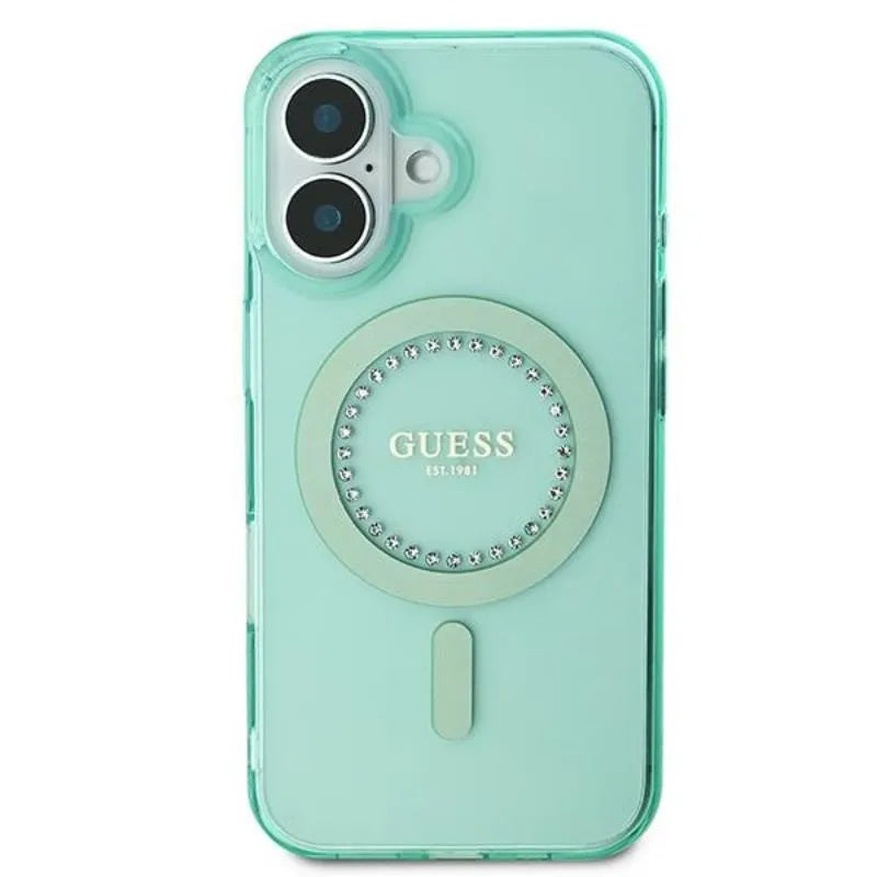 Guess IML Rhinestones MagSafe – dėklas iPhone 16 Plus (žalias)