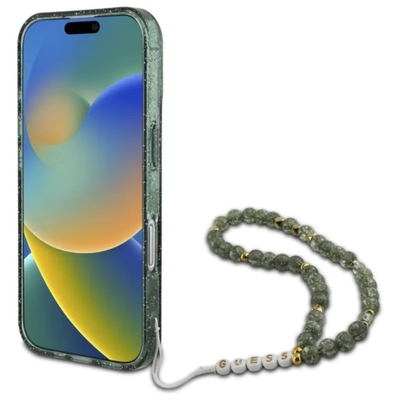 Guess IML Glitter With Pearl Strap MagSafe – dėklas, skirtas iPhone 16 Plus (žalias)