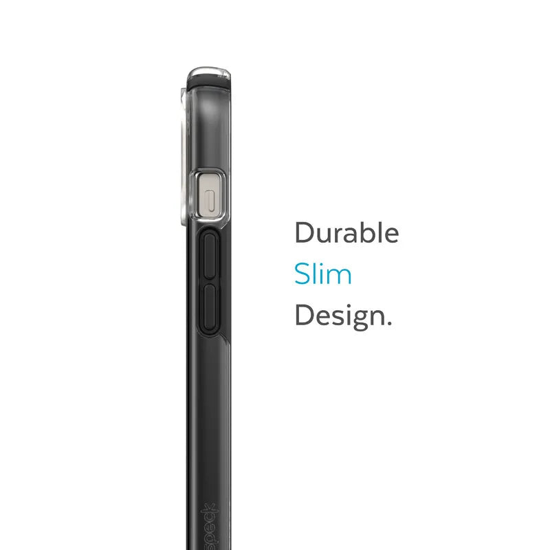 Speck Presidio Perfect-Clear su Impact Geometry – iPhone 15 Plus / 14 Plus dėklas su MICROBAN danga (skaidrus / juodas)