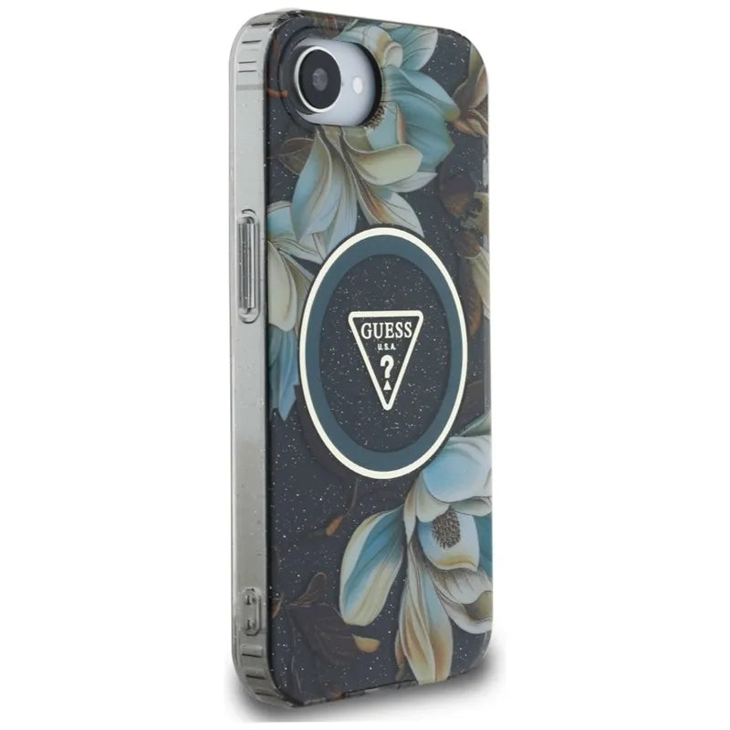 Guess IML Metal Glitter Flowers Triangle MagSafe – dėklas iPhone 16e (juodas)
