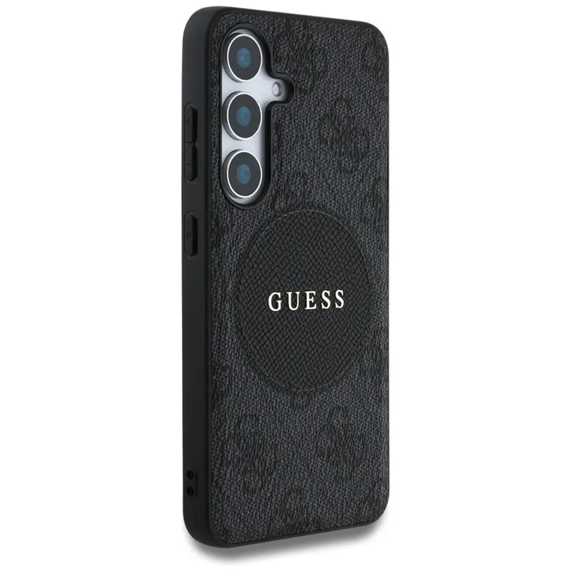 Guess 4G Round Patch Classic Logo MagSafe – dėklas Samsung Galaxy S25 (juodas)
