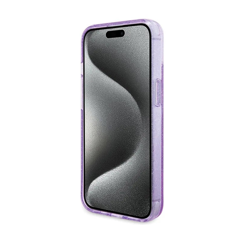 Guess Ring Stand Script Glitter MagSafe – dėklas Apple iPhone 15 Plus (violetinis)