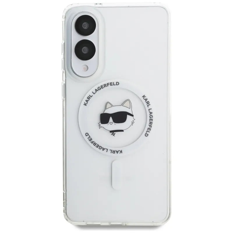 Karl Lagerfeld Button Choupette Head Printed Logo MagSafe – dėklas Samsung Galaxy S25 Edge (baltas)