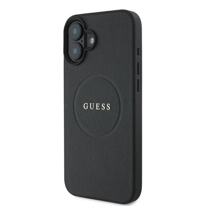 Guess Grained Ring MagSafe – Dėklas iPhone 16 Plus (juodas)