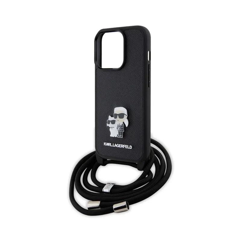 Karl Lagerfeld Crossbody Saffiano Metal Pin Karl & Choupette dėklas, skirtas iPhone 15 Pro (juodas)