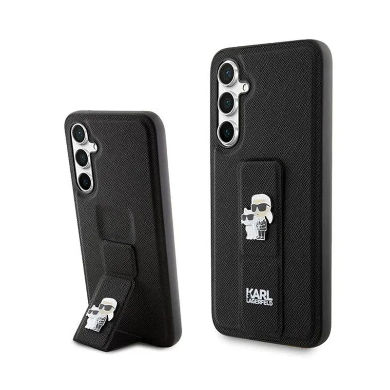 Karl Lagerfeld Gripstand Saffiano Karl & Choupette Pins – dėklas Samsung Galaxy S23 FE (juodas)
