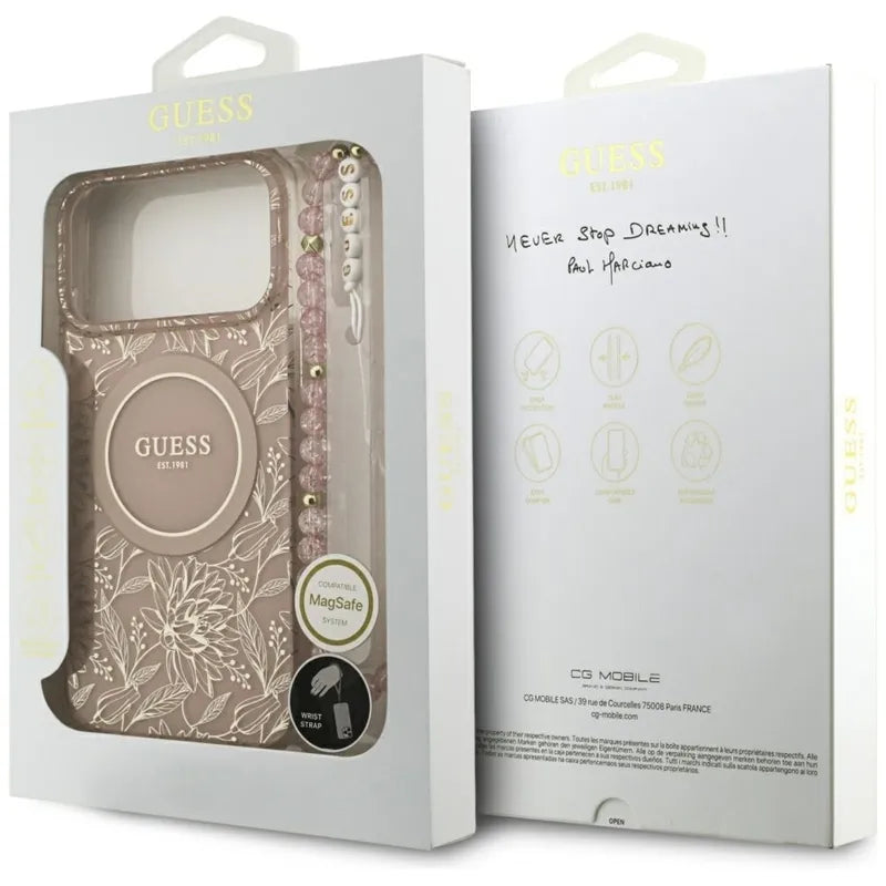 Guess IML Flowers Electro Pearl Strap MagSafe – dėklas iPhone 17 Pro Max (rožinis)