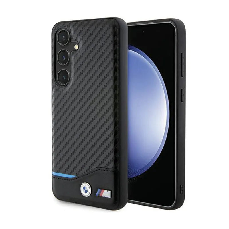 BMW Leather Carbon Blue Line – dėklas Samsung Galaxy S24 (juodas)