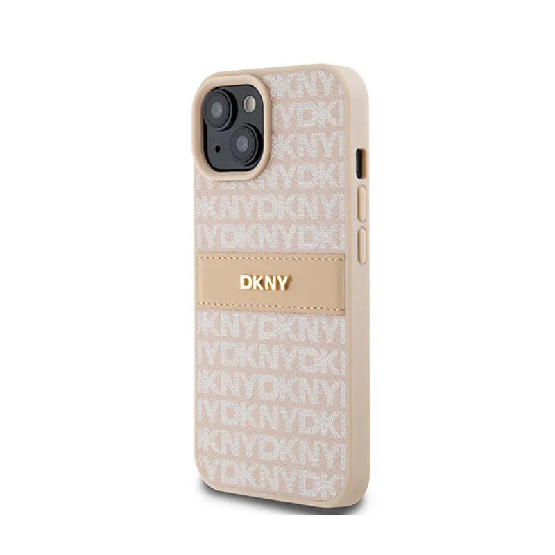 DKNY Leather Mono Stripe & Metal Logo – dėklas iPhone 15 Plus / 14 Plus (rožinis)