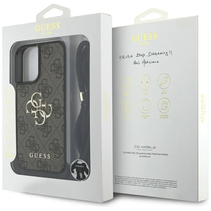 „Guess 4G Big Logo Cord Strap Crossbody“ – dėklas „iPhone 16 Plus“ (rudos spalvos)