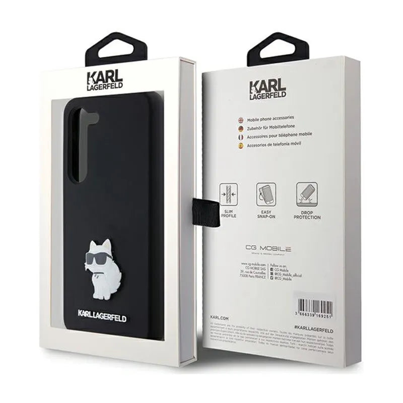 Karl Lagerfeld Silicone Choupette Metal Pin – dėklas Samsung Galaxy S24 (juodas)