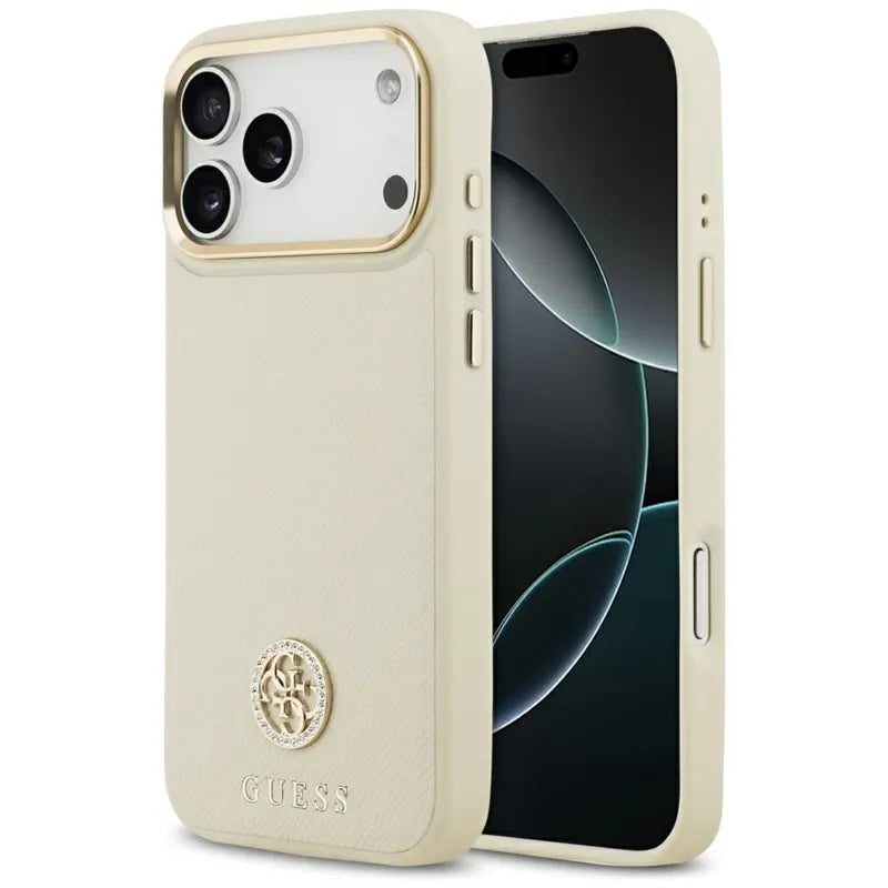 Guess Grained Strass Logo MagSafe - Dėklas iPhone 17 Pro Max (smėlio spalvos)