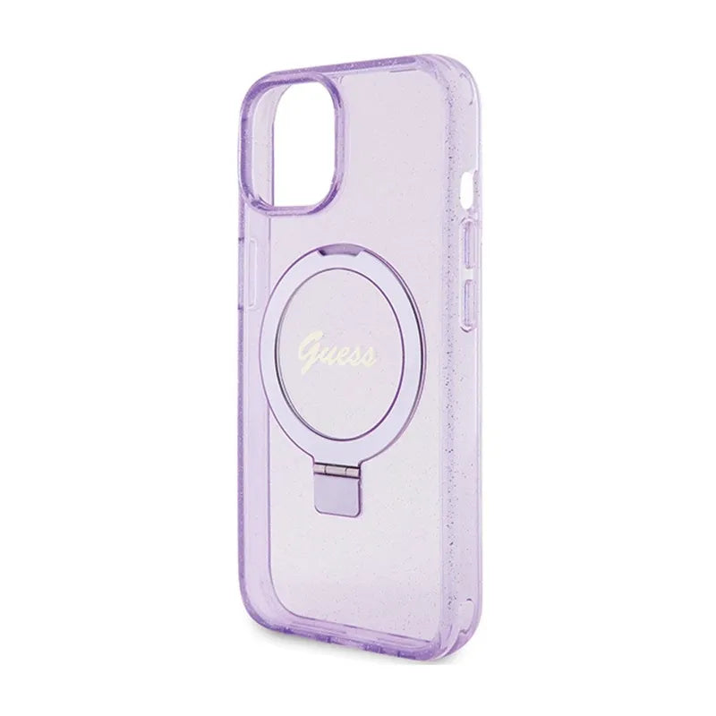 Guess Ring Stand Script Glitter MagSafe – dėklas Apple iPhone 15 Plus (violetinis)