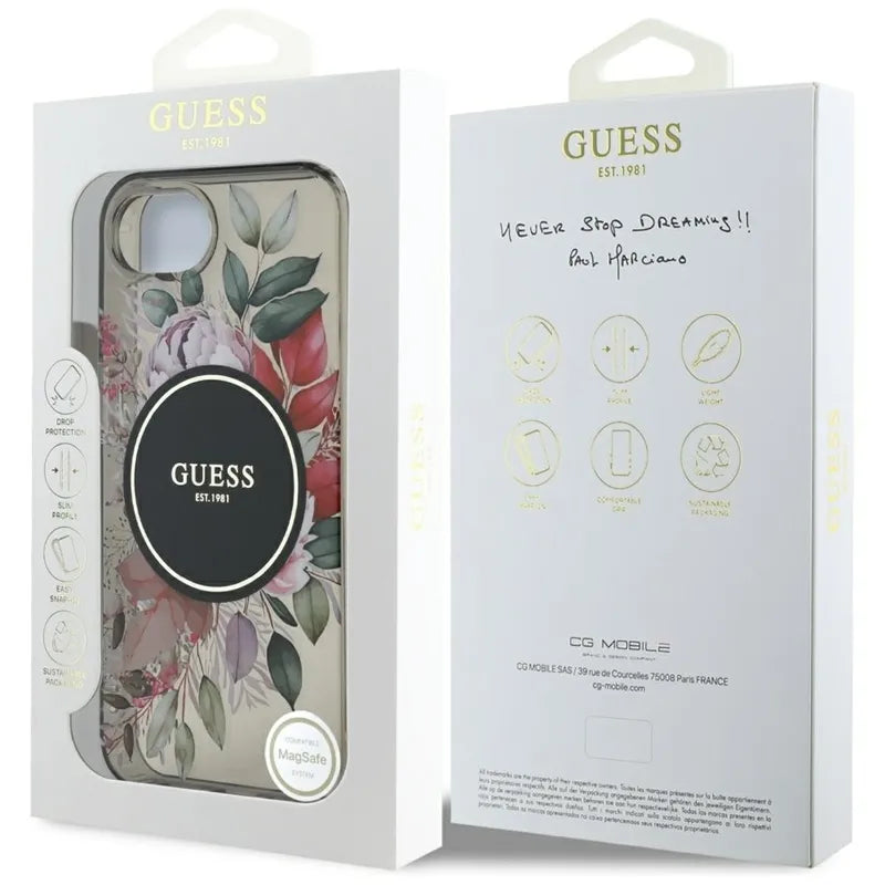 Guess IML Flowers MagSafe – dėklas iPhone 16e (juodas)