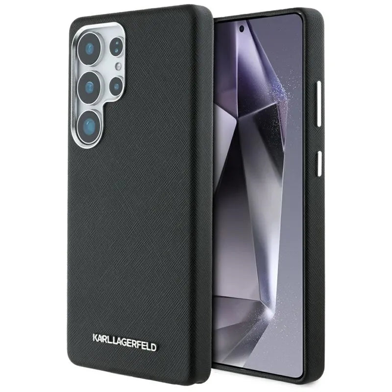 Karl Lagerfeld Saffiano Full Wrapped Elongated Metal Logo MagSafe dėklas Samsung Galaxy S25 Ultra telefonui (juodas)