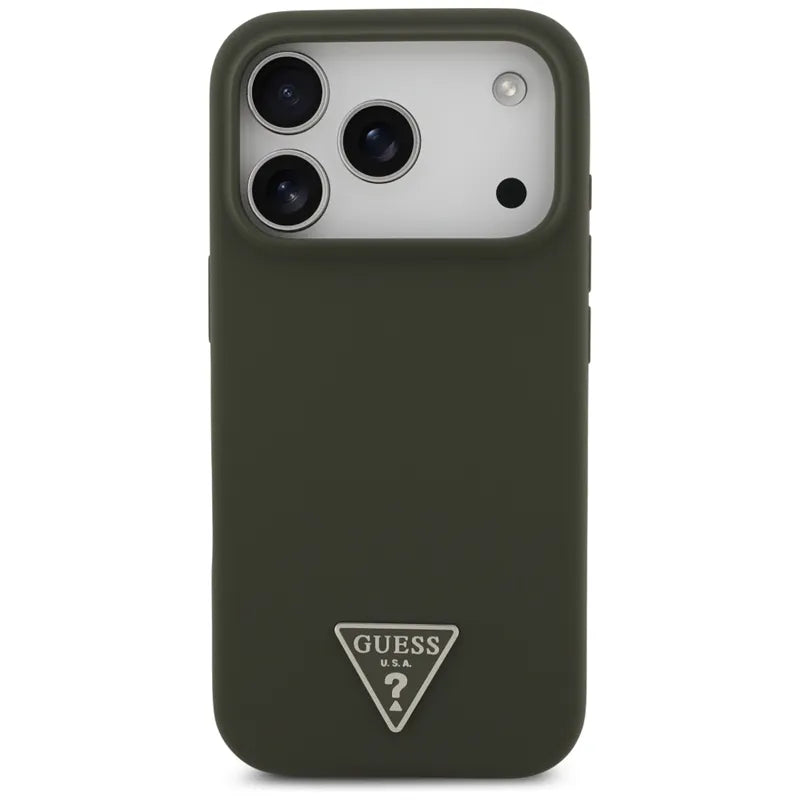 Guess Silicone Triangle Logo MagSafe dėklas iPhone 17 Pro (chaki spalvos)