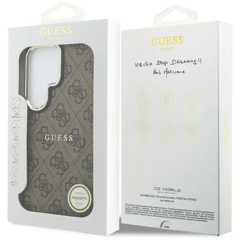 Guess 4G Embossed Ring MagSafe – Samsung Galaxy S26 Ultra dėklas (rudos spalvos)