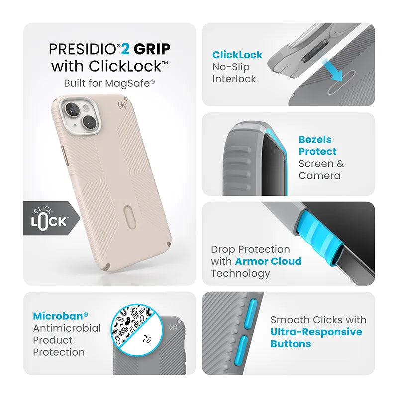 Speck Presidio2 Grip ClickLock & Magsafe - Dėklas iPhone 15 Plus / iPhone 14 Plus (Bleached Bone / Heirloom Gold / Hazel Brown)