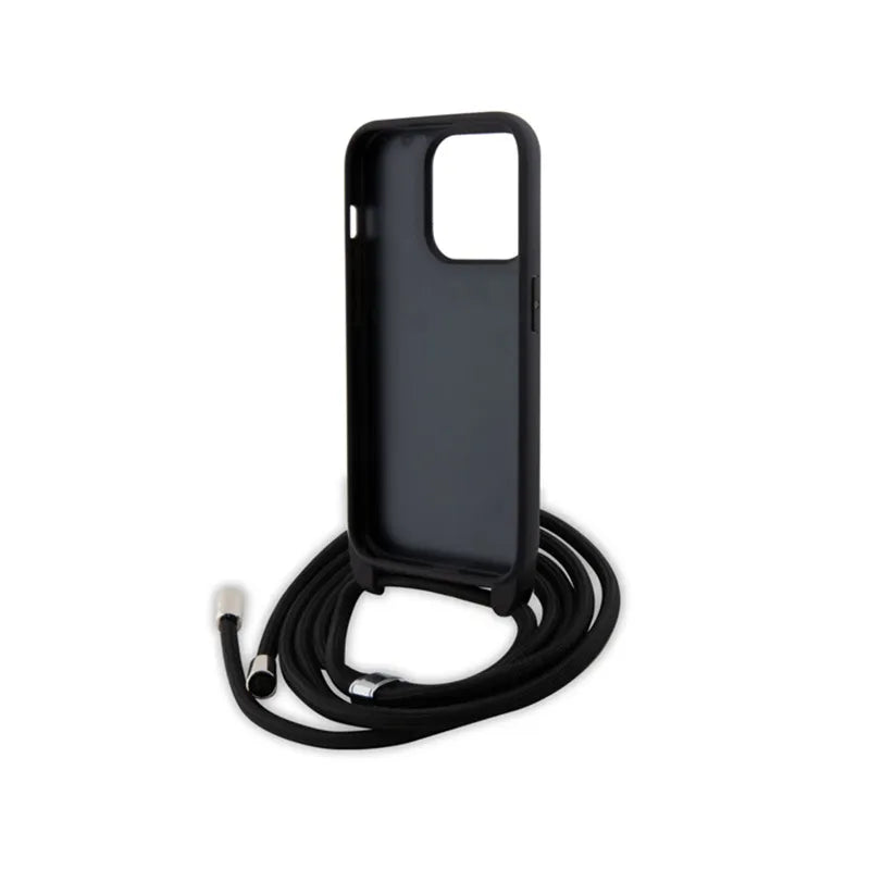 Karl Lagerfeld Crossbody Saffiano Metal Pin Karl & Choupette dėklas, skirtas iPhone 15 Pro (juodas)