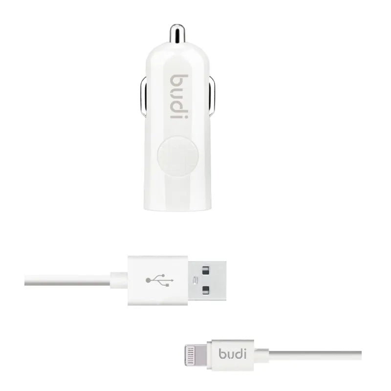 Budi – 1 USB automobilinis įkroviklis su LED indikatoriumi ir „Lightning“ laidu