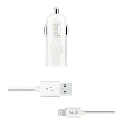 Budi – 1 USB automobilinis įkroviklis su LED indikatoriumi ir „Lightning“ laidu
