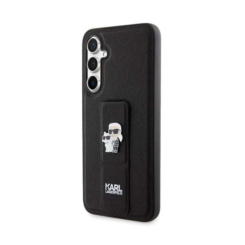 Karl Lagerfeld Gripstand Saffiano Karl & Choupette Pins – dėklas Samsung Galaxy S23 FE (juodas)