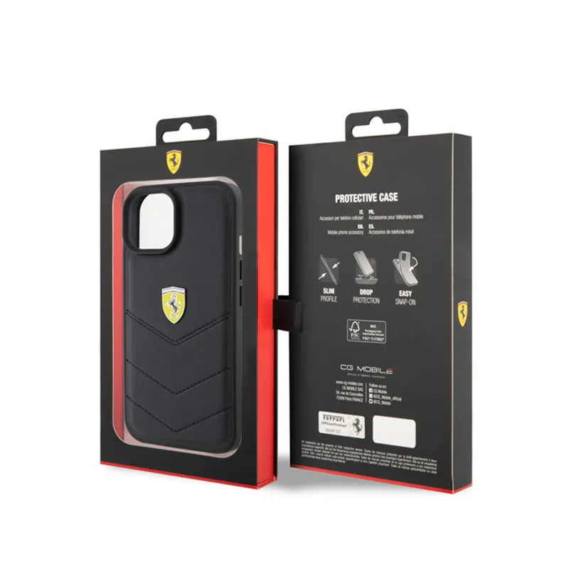 Ferrari Quilted Metal Logo – dėklas iPhone 15 (juodas)