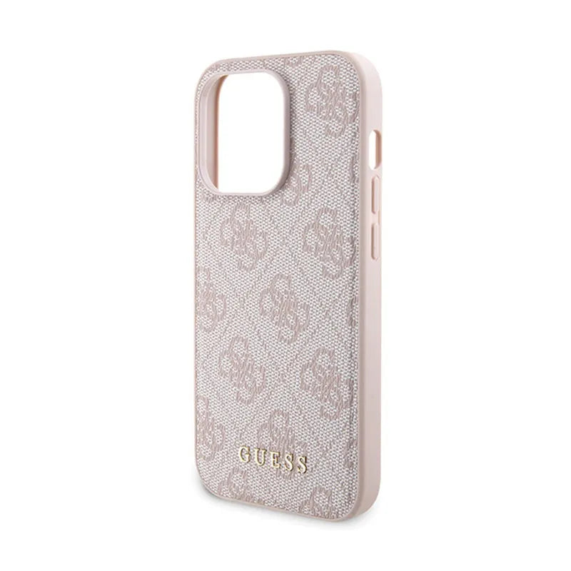Guess rinkinys MagSafe 4G Metal Gold Logo – dėklas + 5000mAh MagSafe maitinimo bankas, skirtas iPhone 14 Pro (rožinis)