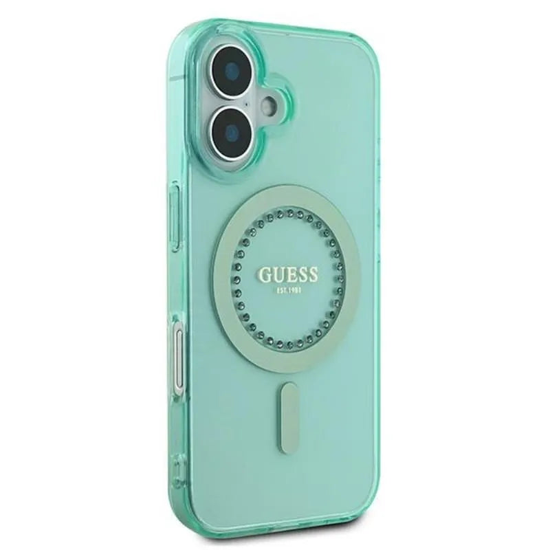 Guess IML Rhinestones MagSafe – dėklas iPhone 16 Plus (žalias)