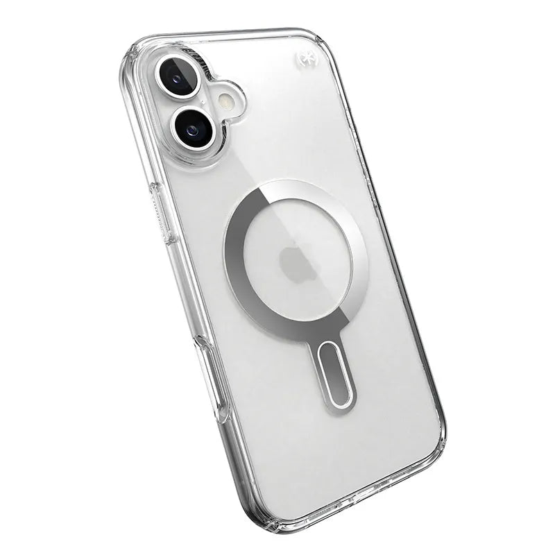 Speck Presidio Perfect-Clear ClickLock & MagSafe – iPhone 16 Plus dėklas (skaidrus / chromuota apdaila / Serene Silver)
