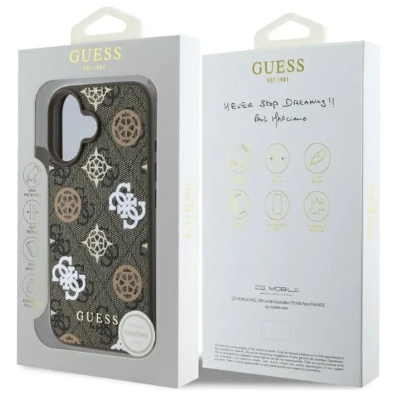 Guess Peony On 4G Background MagSafe – dėklas iPhone 16 (rudas)