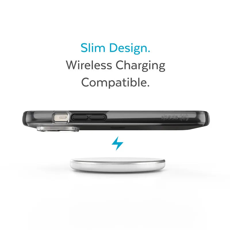 Speck Presidio Perfect-Clear su Impact Geometry – iPhone 15 Plus / 14 Plus dėklas su MICROBAN danga (skaidrus / juodas)