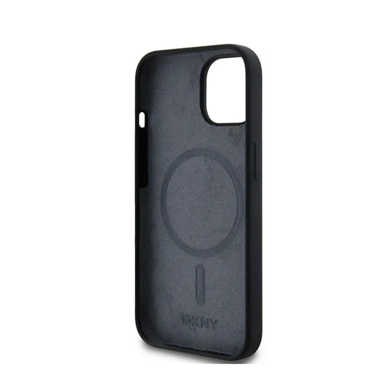 DKNY Liquid Silicone White Printed Logo MagSafe – Dėklas iPhone 14 / 15 / 13 (juodas)