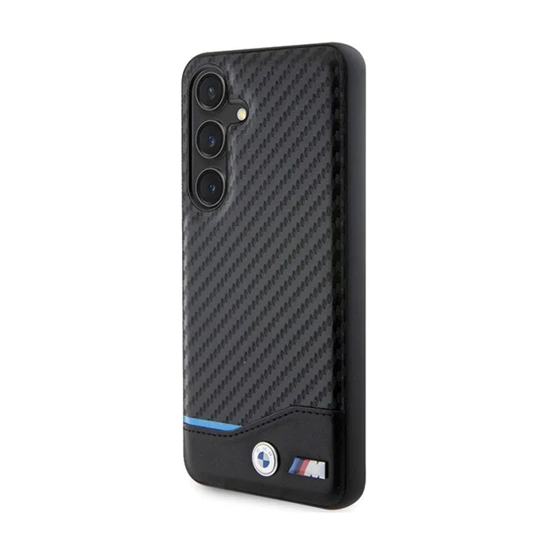 BMW Leather Carbon Blue Line – dėklas Samsung Galaxy S24 (juodas)