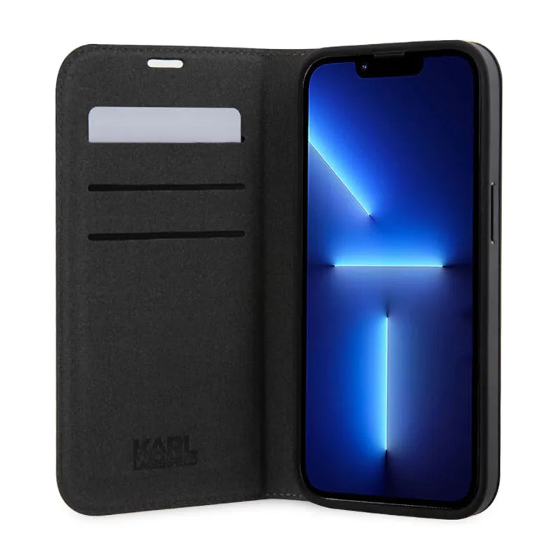 Karl Lagerfeld Booktype NFT Saffiano Karl & Choupette – Dėklas iPhone 14 Pro Max (sidabrinis)
