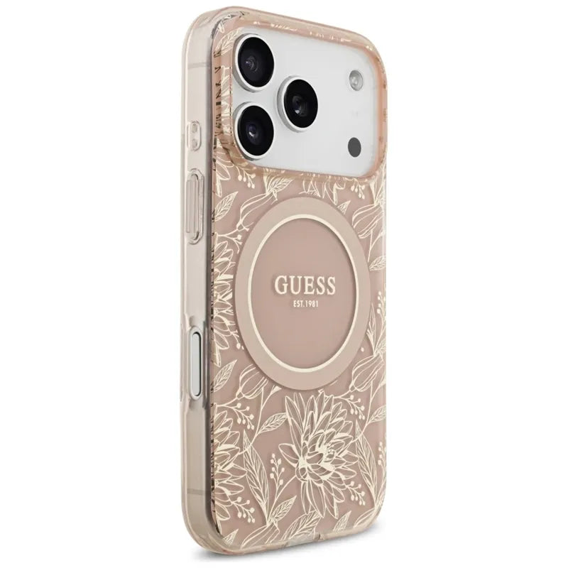 Guess IML Flowers Electro Pearl Strap MagSafe – dėklas iPhone 17 Pro (rožinis)
