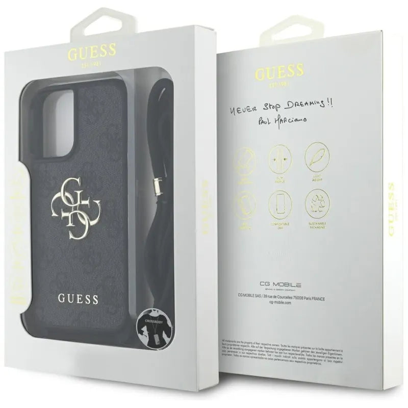 „Guess 4G Big Logo Cord Strap Crossbody“ – dėklas „iPhone 16 Plus“ (juodas)