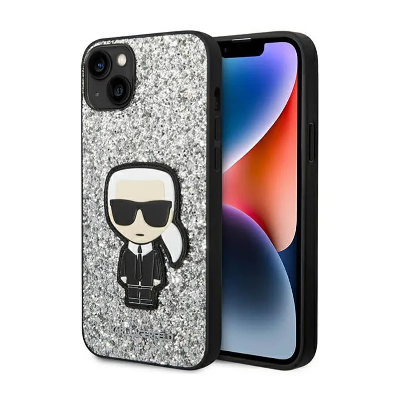 Karl Lagerfeld Glitter Flakes Ikonik – dėklas, skirtas iPhone 14 Plus (sidabrinis)