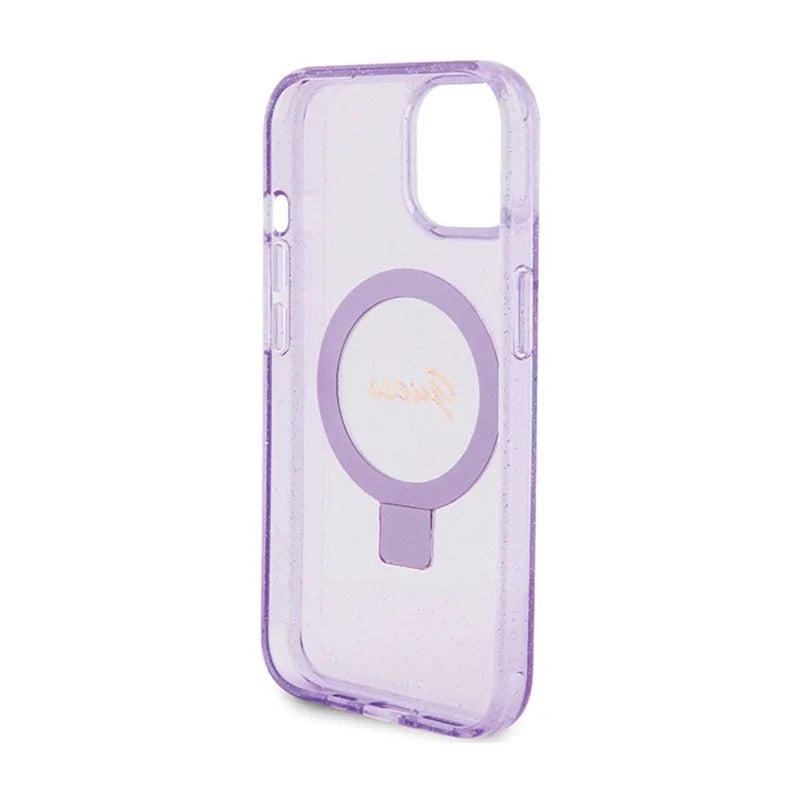 Guess Ring Stand Script Glitter MagSafe – dėklas Apple iPhone 15 Plus (violetinis)