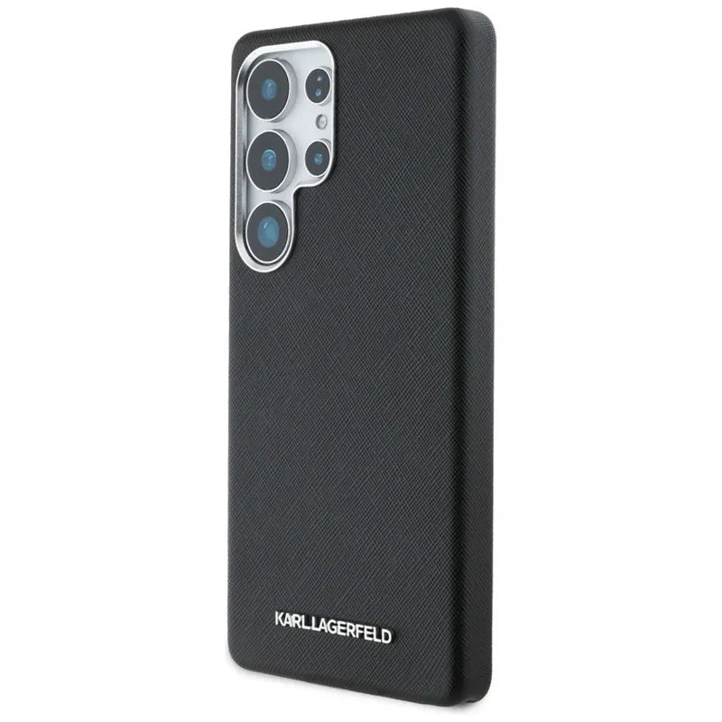 Karl Lagerfeld Saffiano Full Wrapped Elongated Metal Logo MagSafe dėklas Samsung Galaxy S25 Ultra telefonui (juodas)