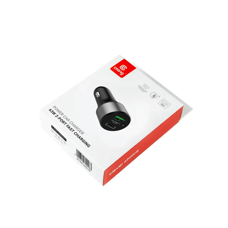 Crong automobilinis įkroviklis 63 W – USB-C PD 45 W automobilinis įkroviklis + USB QC 3.0 18 W (juodas)