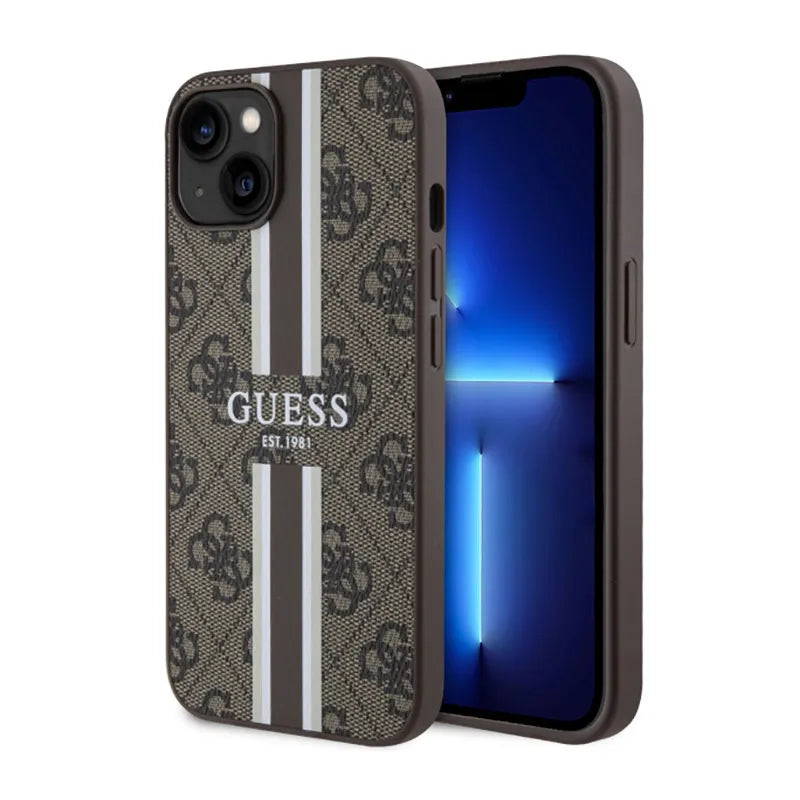 Guess 4G Printed Stripes MagSafe – Dėklas, skirtas iPhone 14 Plus (rudas)