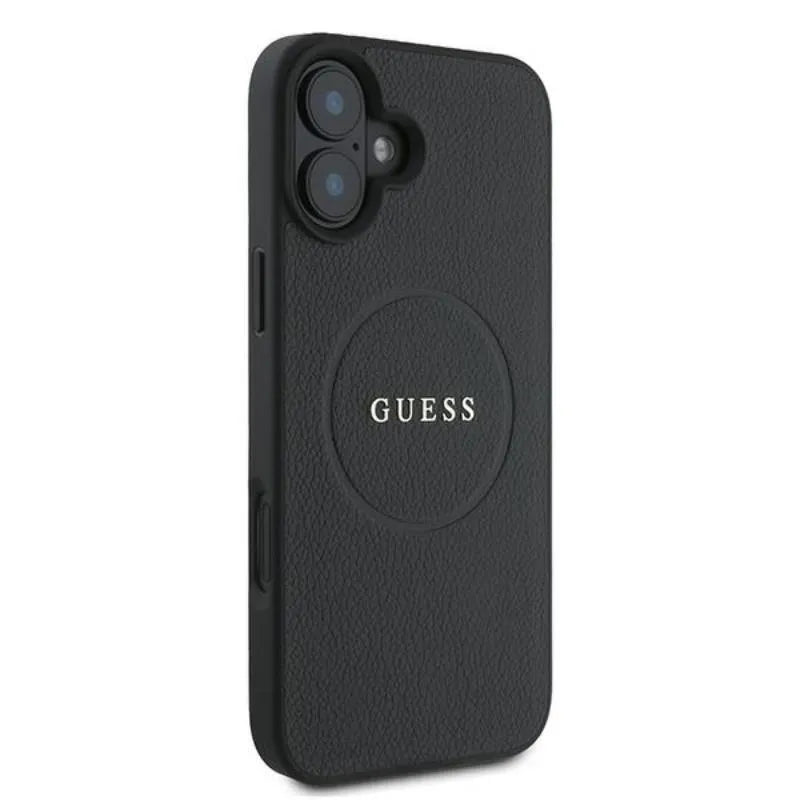 Guess Grained Ring MagSafe – Dėklas iPhone 16 Plus (juodas)