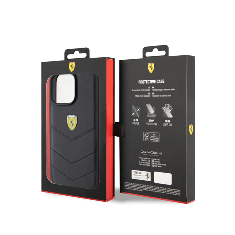 Ferrari Quilted Metal Logo – dėklas iPhone 15 Pro Max (juodas)