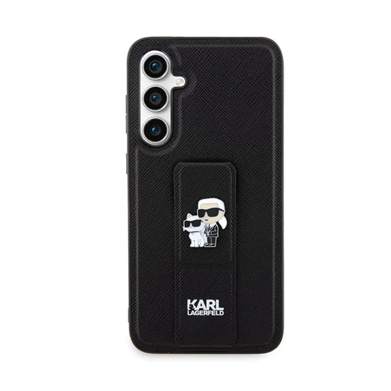 Karl Lagerfeld Gripstand Saffiano Karl & Choupette Pins – dėklas Samsung Galaxy S23 FE (juodas)