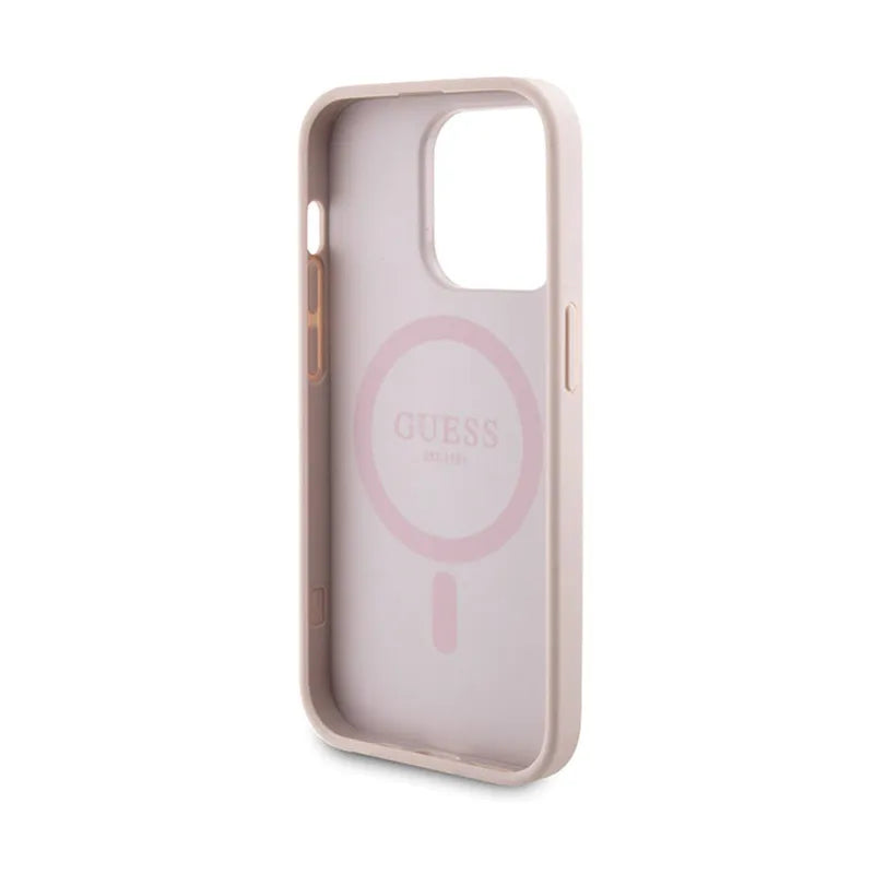 Guess rinkinys MagSafe 4G Metal Gold Logo – dėklas + 5000mAh MagSafe maitinimo bankas, skirtas iPhone 14 Pro (rožinis)