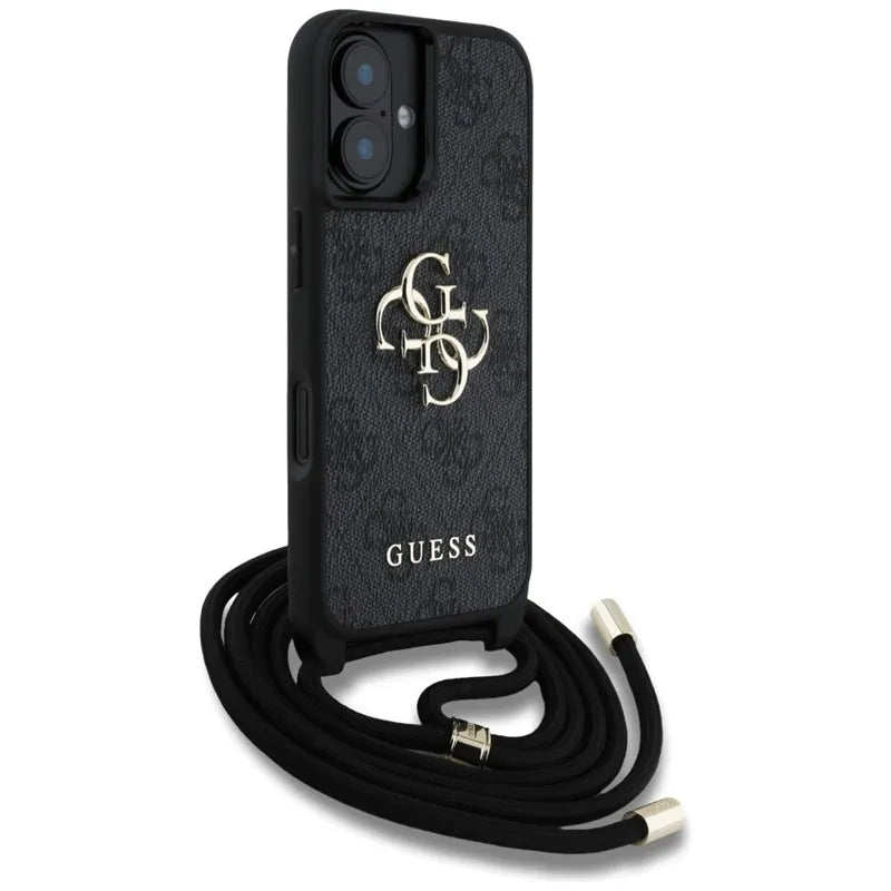 Guess 4G Big Logo Cord Strap Crossbody – dėklas skirtas iPhone 16 (juodas)