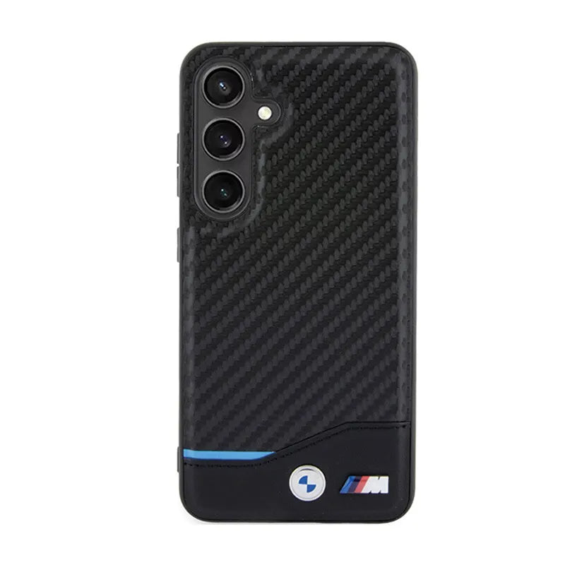 BMW Leather Carbon Blue Line – dėklas Samsung Galaxy S24 (juodas)