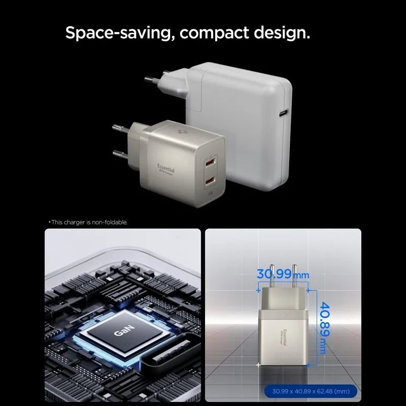Spigen Essential EE472EU GaN – 2x USB-C PD PPS 47W sieninis įkroviklis (natūralaus titano spalvos)