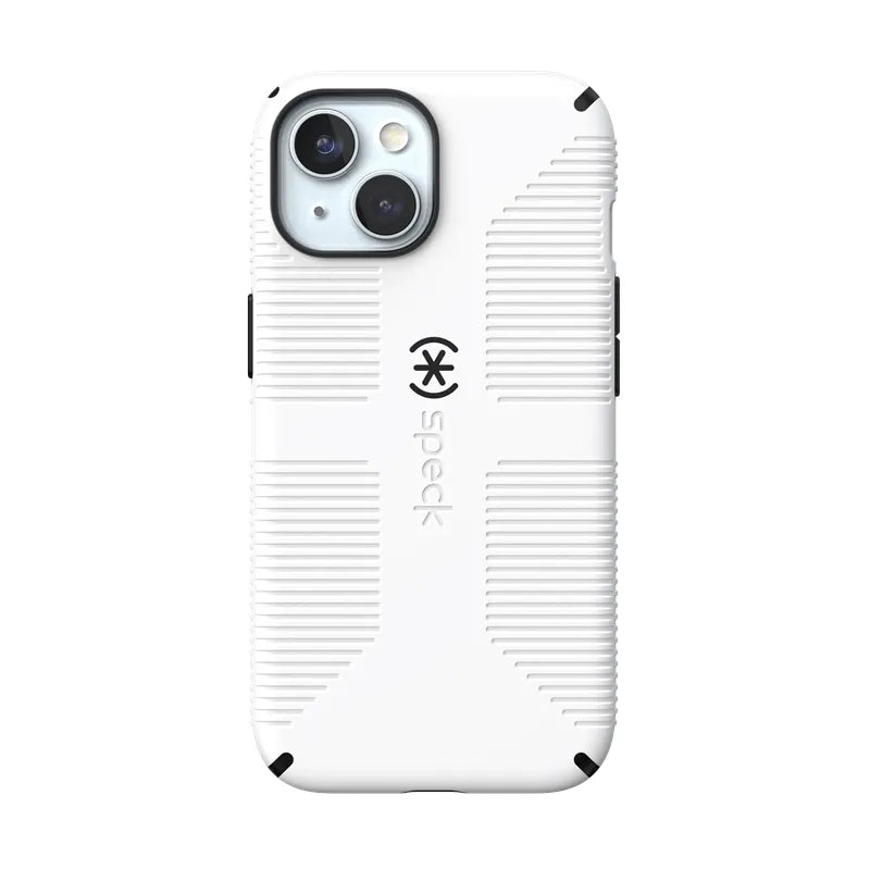 Speck Candyshell Grip MagSafe – dėklas, skirtas iPhone 17e / 16e / 15 / 14 / 13 (baltas / juodas)